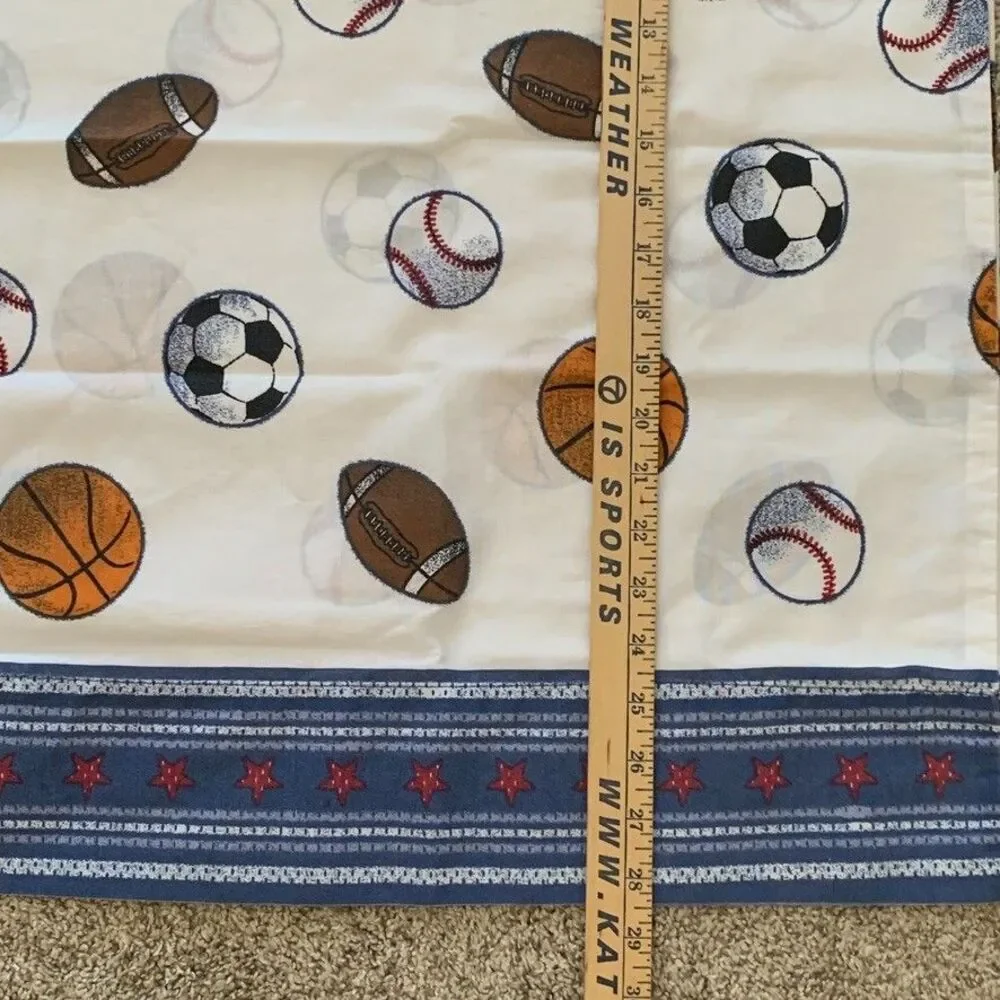 Vintage Sports Themed Twin Flat Sheet 2 Pillowcases Football Soccer Basketball